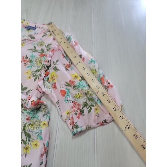 Democracy Top Womens M Pink Floral Button Up Balloon Sleeve Ruffled Tropical - Picture 13 of 14